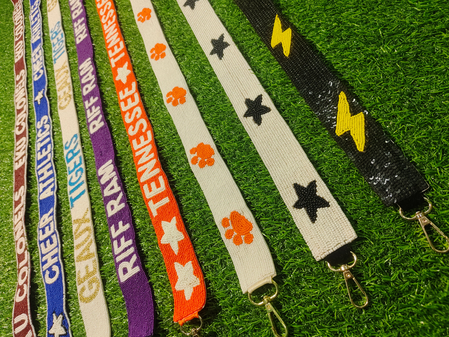 Beaded Purse Straps – EKU Colonels, Cheer Athletics, Geaux Tigers, Riff Ram, Tennessee, Paw Print, Black Stars, Lightning Bolt Shoulder Straps