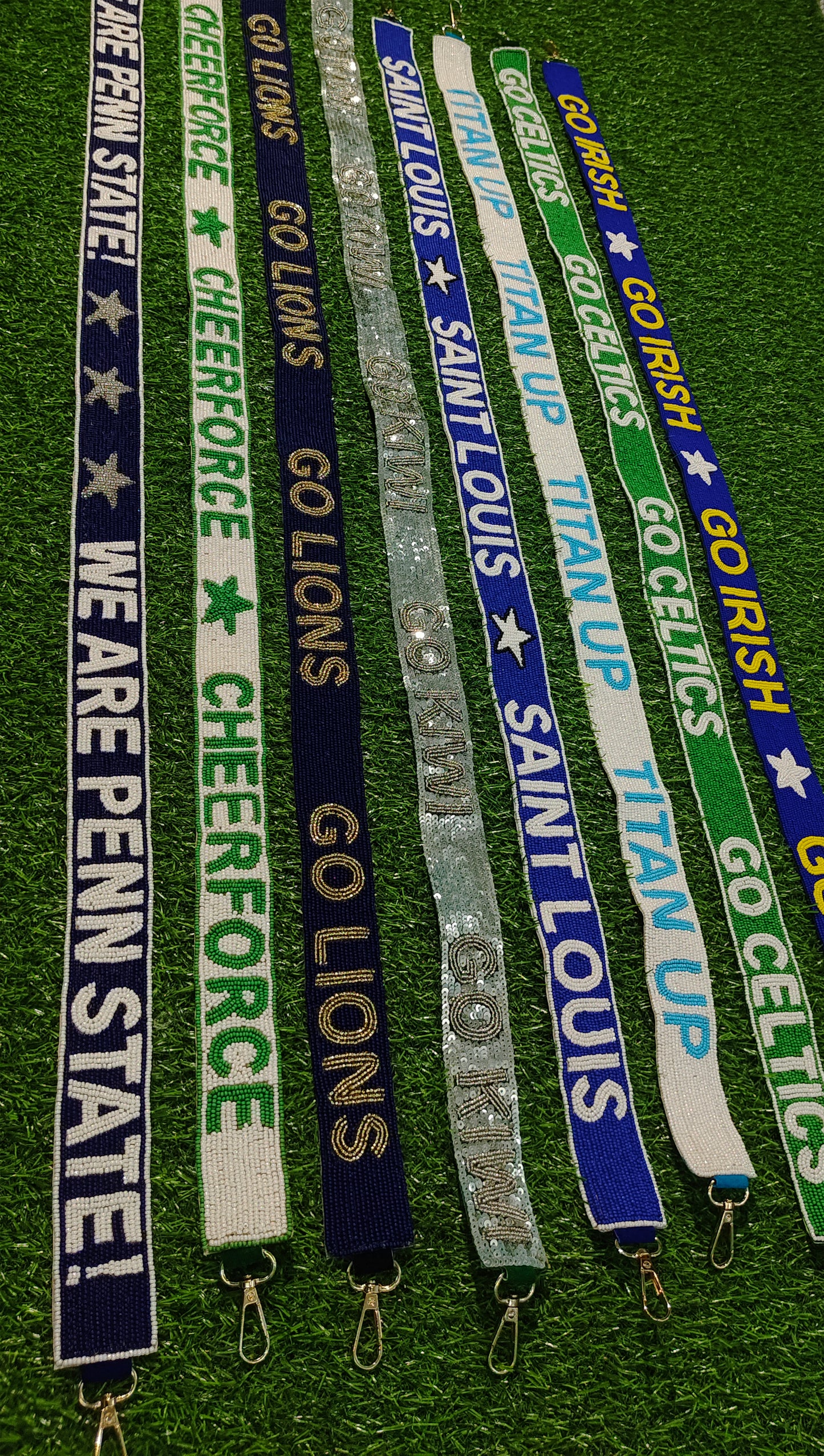 Beaded Purse Strap – "Go Irish," "Go Celtics," "Titan Up," "Saint Louis," "Go Kiwi," "Go Lions," "CheerForce," and "We Are Penn State!" Designs