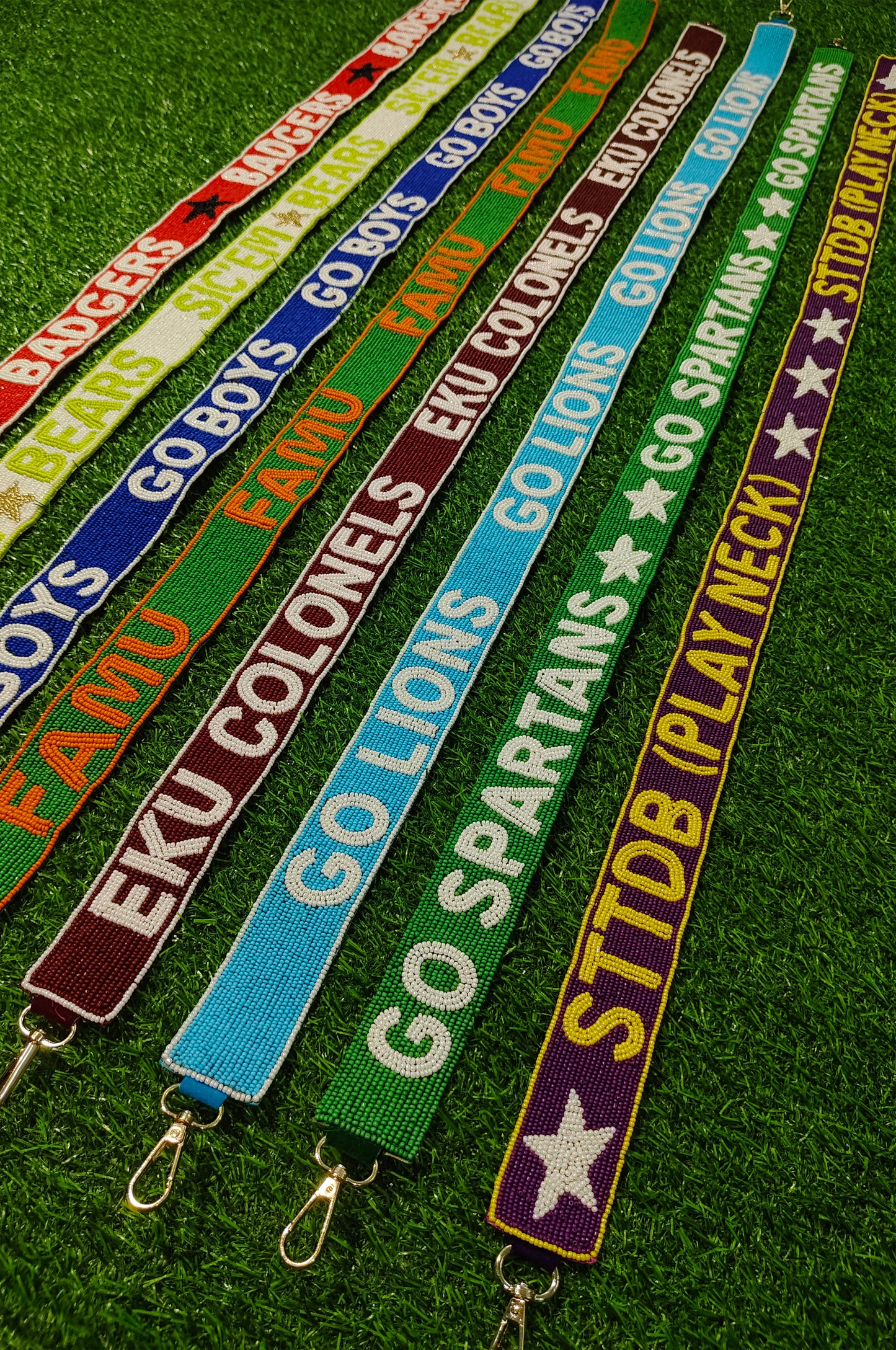 Game Day Beaded Purse Straps – Badgers, Sic ‘Em Bears, Go Boys, FAMU, EKU Colonels, Go Lions, Go Spartans, STTDB Play Neck – 47 Inches Long, 1.5 Inches Wide