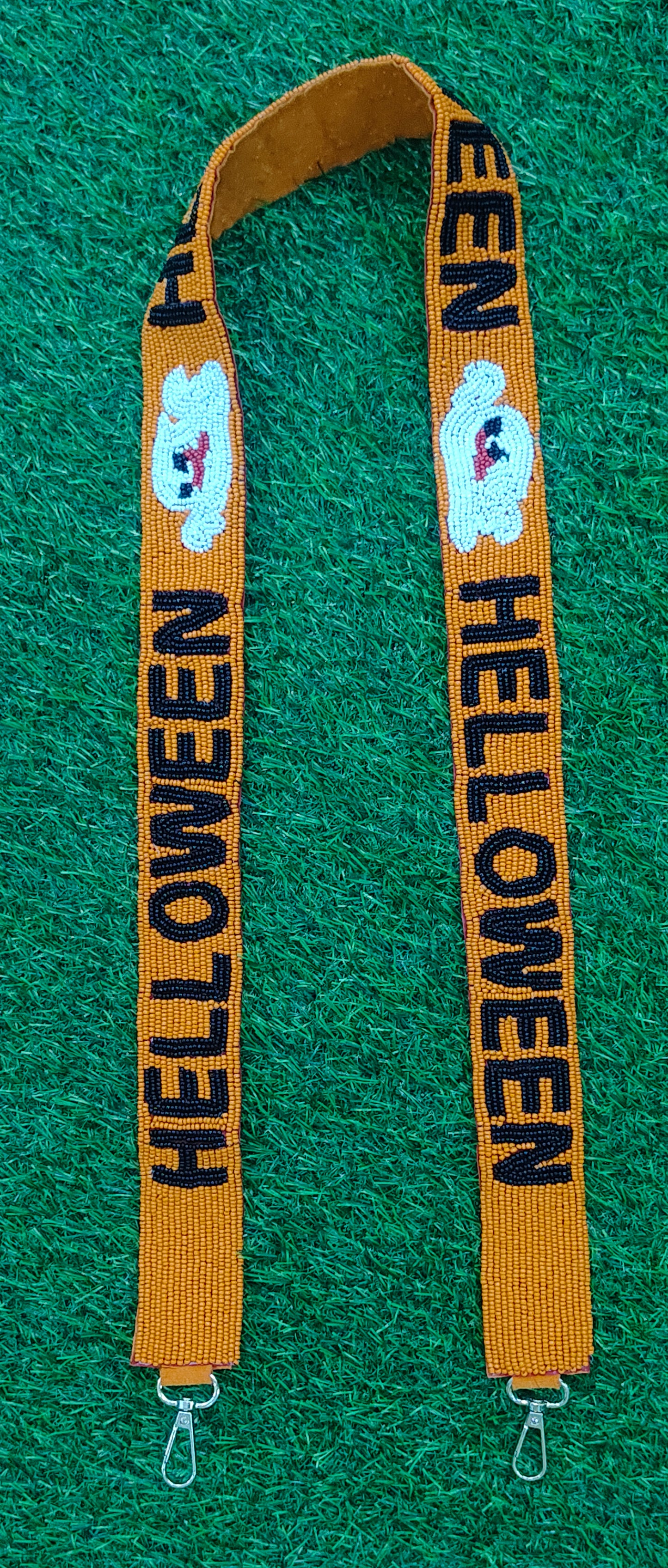 Halloween-Themed Beaded Purse Straps – HELLOWEEN Ghost, Jack-O'-Lantern Pumpkins, and TREAT TRICK (47" Long, 1.5" Wide)