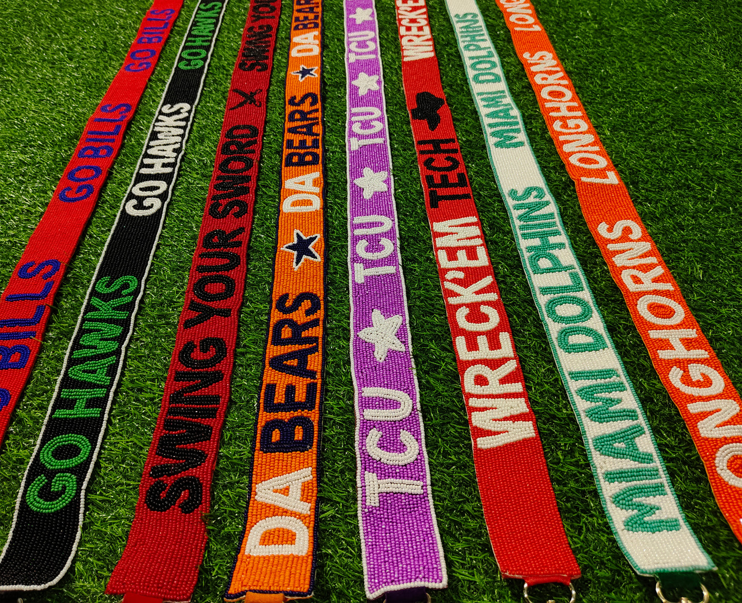 Game Day Beaded Purse Strap – Go Bills, Go Hawks, Swing Your Sword, Da Bears, TCU, Wreck ‘Em Tech, Miami Dolphins, and Longhorns – 47 Inches Long and 1.5 Inches Wide