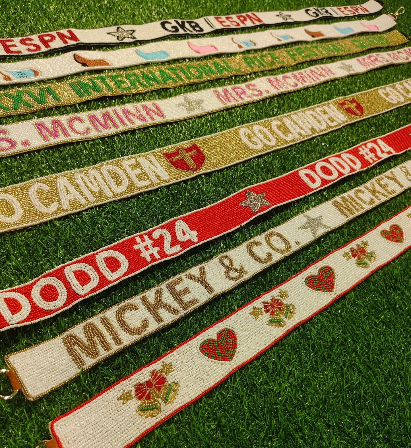 Beaded Purse Straps – GKB | ESPN, LXXXVI INTERNATIONAL RICE FESTIVAL QUEEN, MRS. MCMINN, GO CAMDEN, DODD #24, MICKEY & CO., and Heart & Floral Design (47" Long, 1.5" Wide)