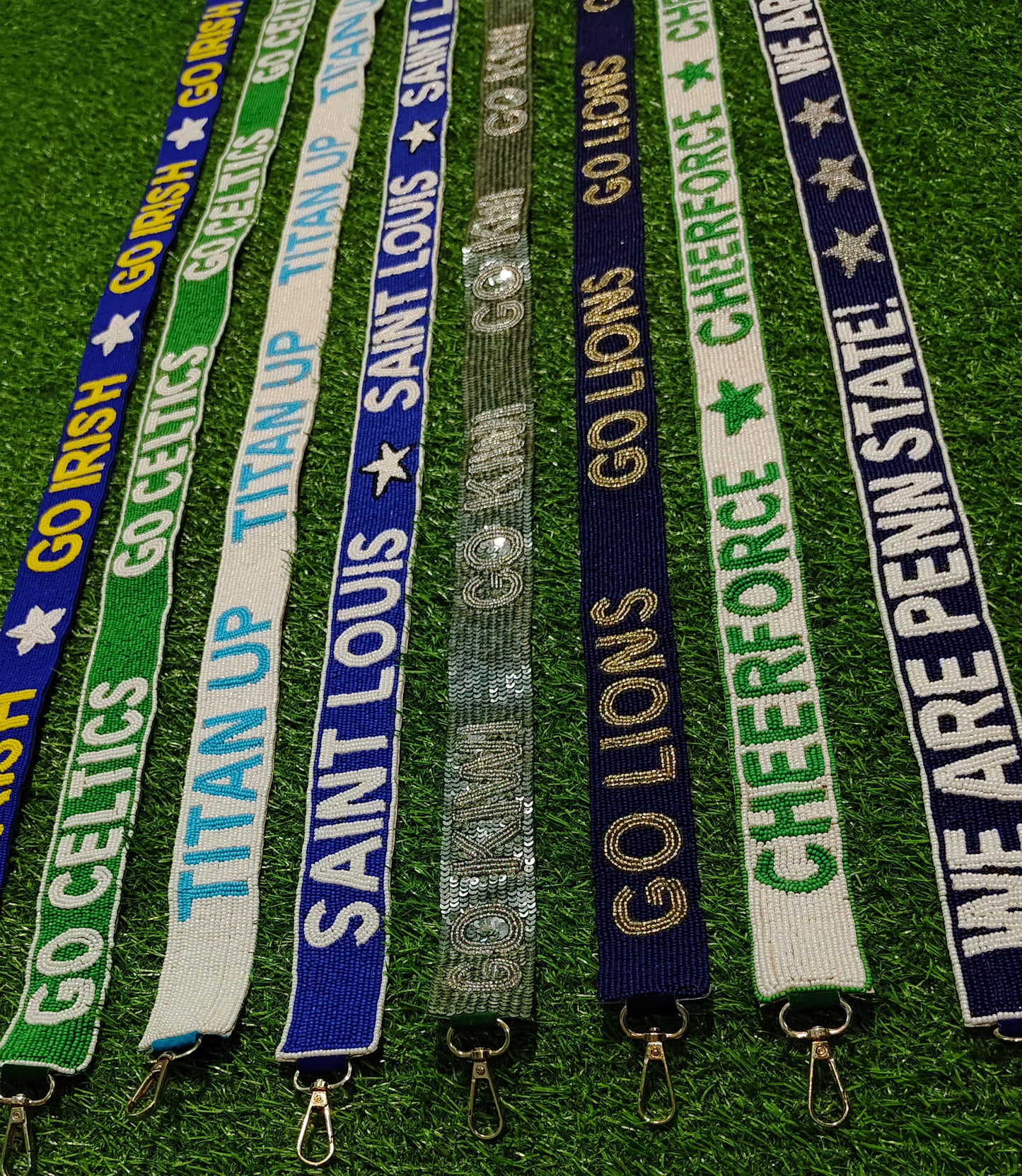 Beaded Purse Strap – "Go Irish," "Go Celtics," "Titan Up," "Saint Louis," "Go Kiwi," "Go Lions," "CheerForce," and "We Are Penn State!" Designs