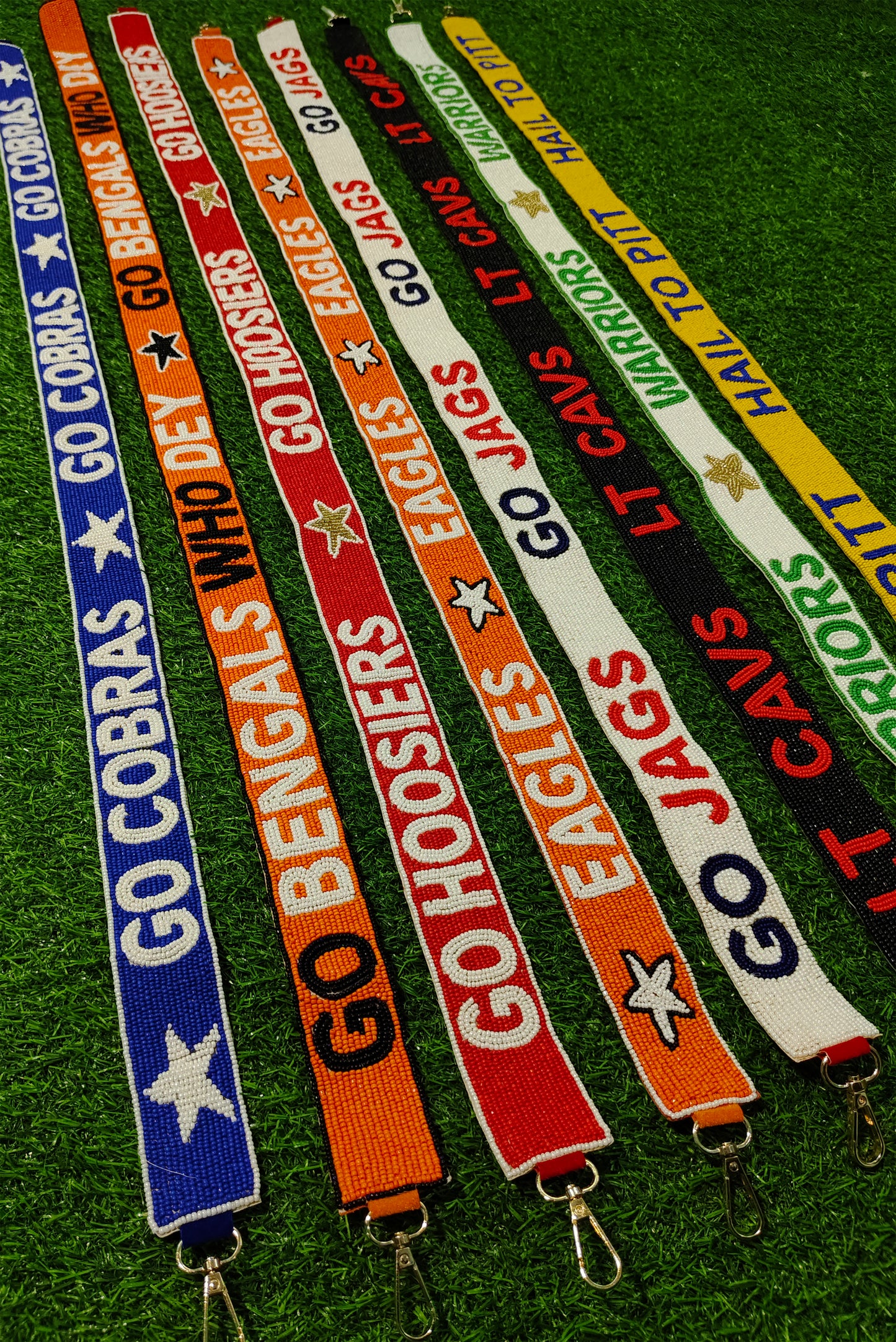 Beaded Purse Strap – "Go Cobras," "Go Bengals Who Dey," "Go Hoosiers," "Eagles," "Go Jags," "LT Cavs," "Warriors," and "Hail to Pitt!"