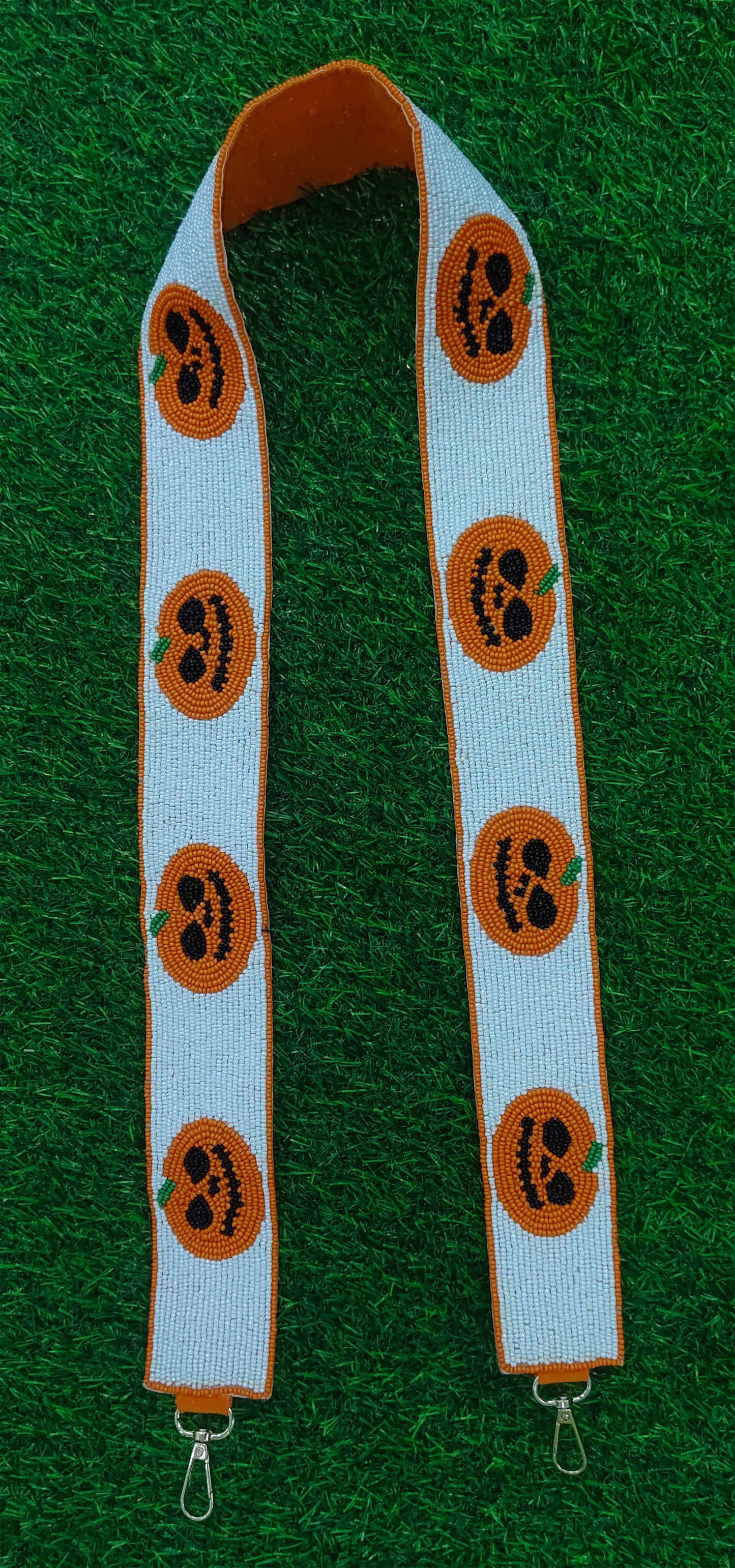 Halloween-Themed Beaded Purse Straps – HELLOWEEN Ghost, Jack-O'-Lantern Pumpkins, and TREAT TRICK (47" Long, 1.5" Wide)