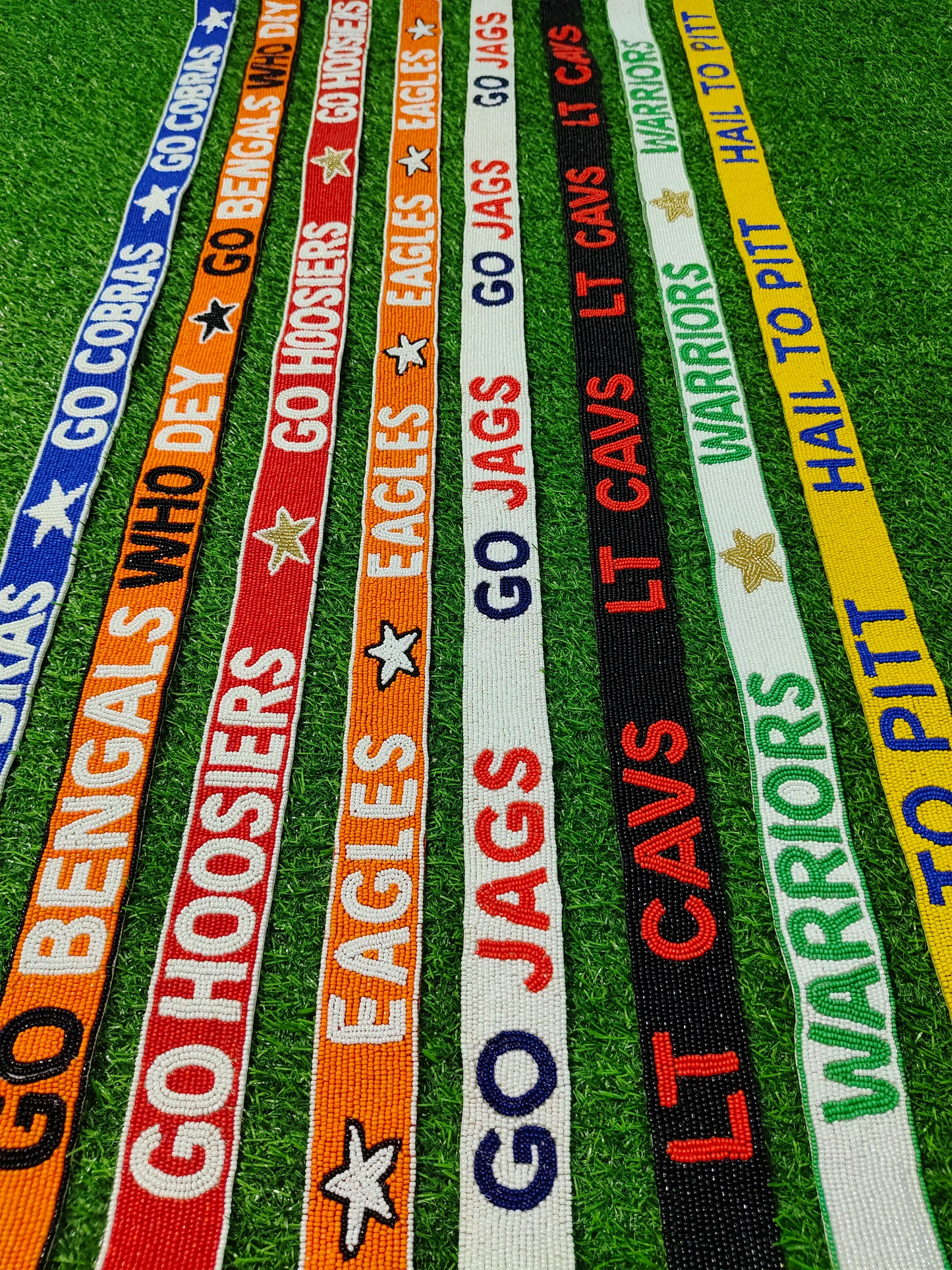 Beaded Purse Strap – "Go Cobras," "Go Bengals Who Dey," "Go Hoosiers," "Eagles," "Go Jags," "LT Cavs," "Warriors," and "Hail to Pitt!"