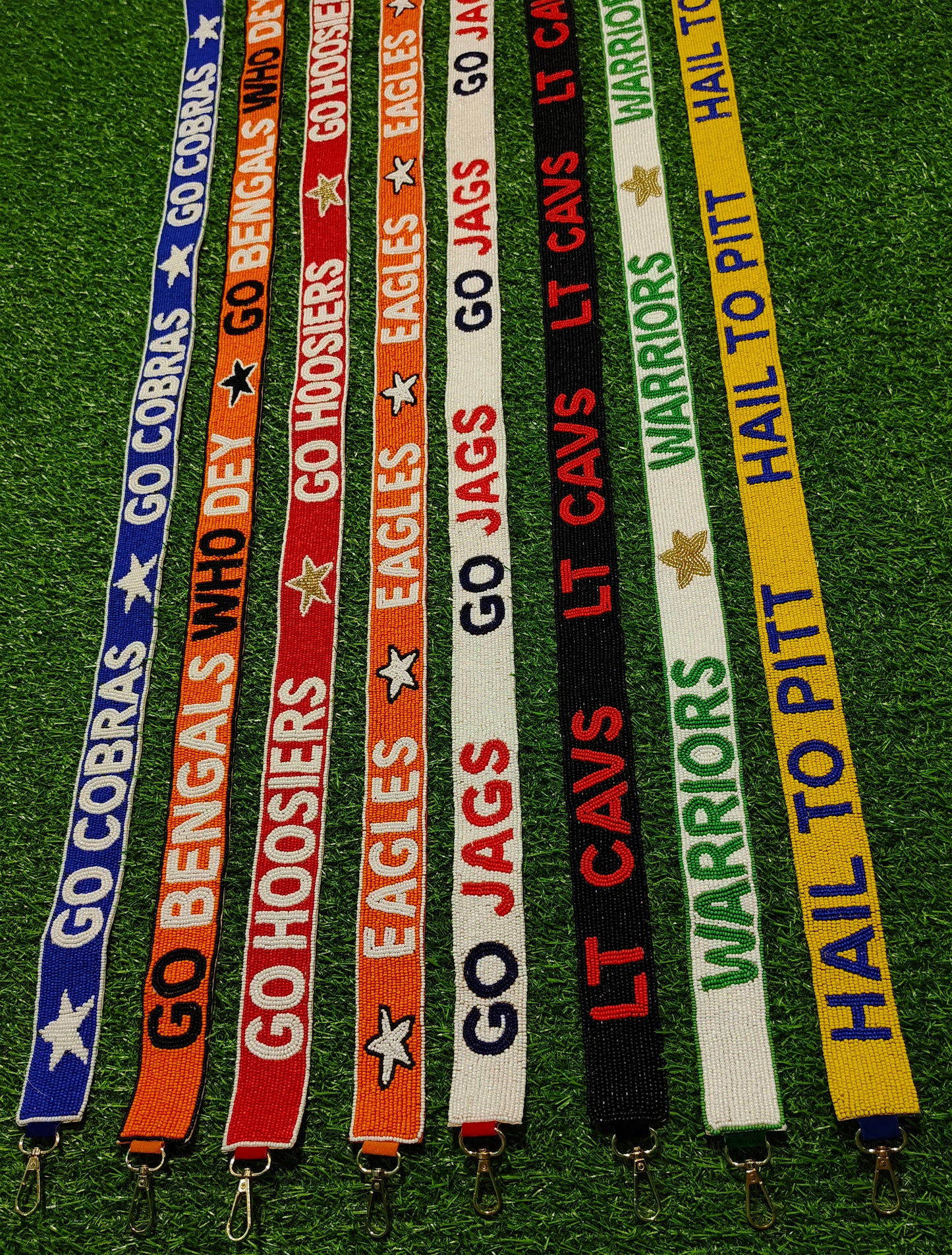 Beaded Purse Strap – "Go Cobras," "Go Bengals Who Dey," "Go Hoosiers," "Eagles," "Go Jags," "LT Cavs," "Warriors," and "Hail to Pitt!"