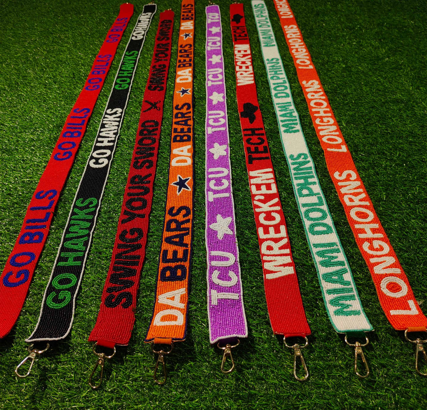 Game Day Beaded Purse Strap – Go Bills, Go Hawks, Swing Your Sword, Da Bears, TCU, Wreck ‘Em Tech, Miami Dolphins, and Longhorns – 47 Inches Long and 1.5 Inches Wide