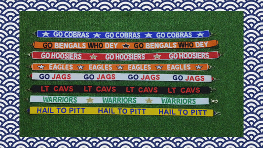 Beaded Purse Strap – "Go Cobras," "Go Bengals Who Dey," "Go Hoosiers," "Eagles," "Go Jags," "LT Cavs," "Warriors," and "Hail to Pitt!"